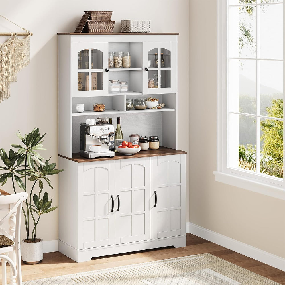 Tall Kitchen Pantry Cabinet with Glass Doors and Hutch, 70.9'' Storag...