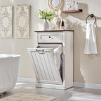 Tilt Out Trash Can Cabinet, 10 Gallon Farmhouse Laundry Hamper Cabinet with Drawer, Hidden Wooden Trash Garbage Can Bin with Storage Basket for Kitchen, Living Room (Antique White)