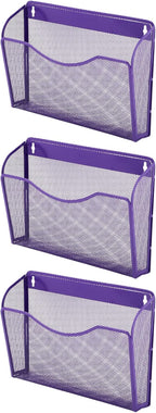 EASEPRES 3 Single Pocket Mesh Hanging File Organizer, Vertical Wall Mounted Magazine File Holder, Mount Basket Mail Paper Document Folder Organizing for Office, Home and School, Purple