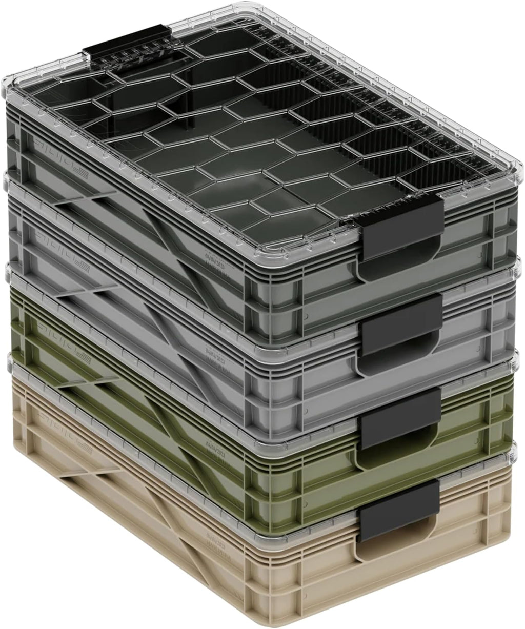 SIDIO Quarter Crate 4 Pack of Stackable Storage Bins - Organizer Bins with Dividers for Garage Organization, Home Storage - Heavy Duty Plastic Containers - 19.16” x 12.75”x 4.57” (Camo)