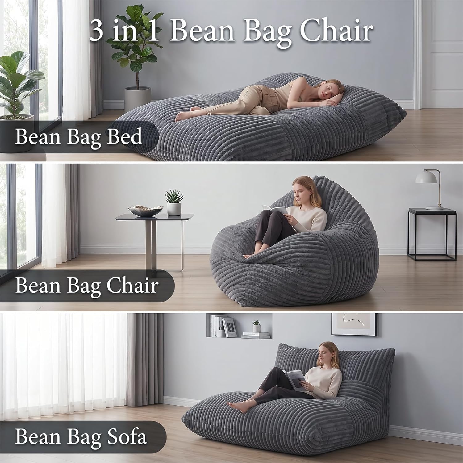 3 in 1 Bean Bag Chair with Memory Foam Filler, Beanbag Chairs for Adult with Washable Cover, Fluffy Oversize Bean Bag Chair Reading Lounger for Bedroom & Living Room (Dark Grey)