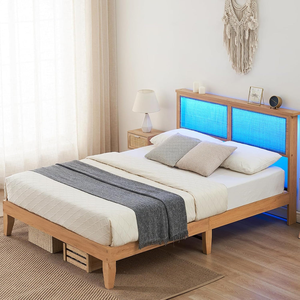 IDEALHOUSE Queen Size Rattan LED Platform Bed, Natural