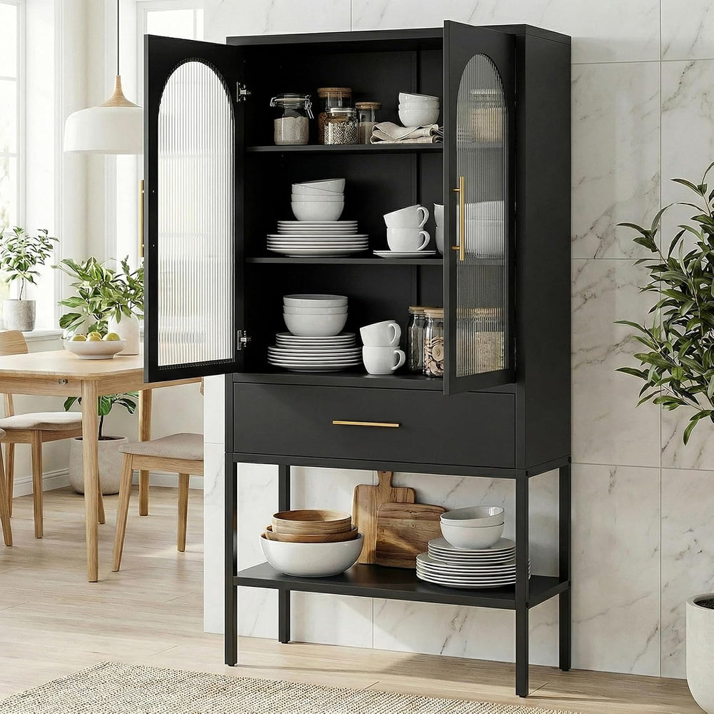 63" Tall Metal Storage Cabinet with Glass Doors, Kitchen Pantry Cabinet ...