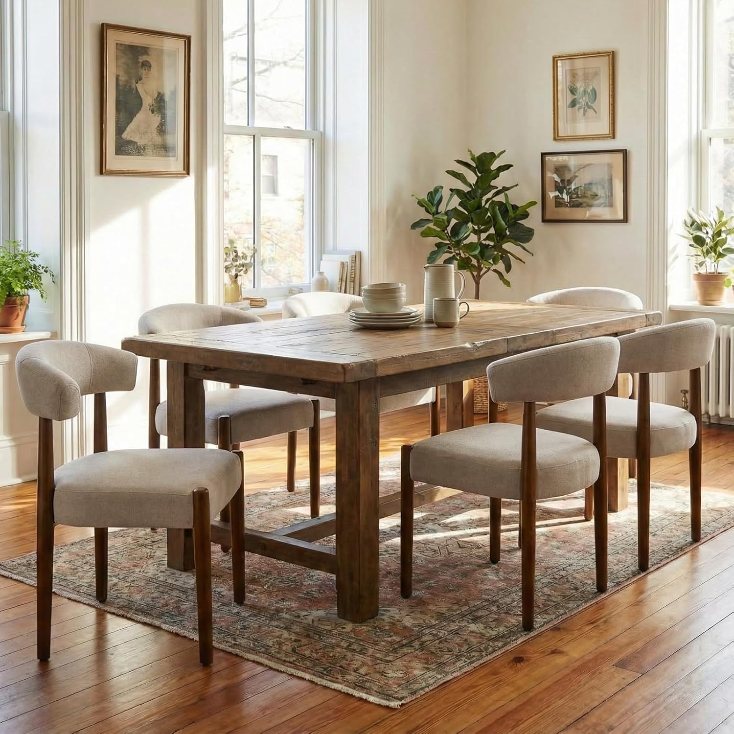 VKNOW Wooden Dining Chairs Set of 4, Modern Upholstered Dining Room Chairs with Walnut Wood Legs and Curved Backrest, Fabric Kitchen Chairs for Farmhouse/Living Room/Dining Room, Beige