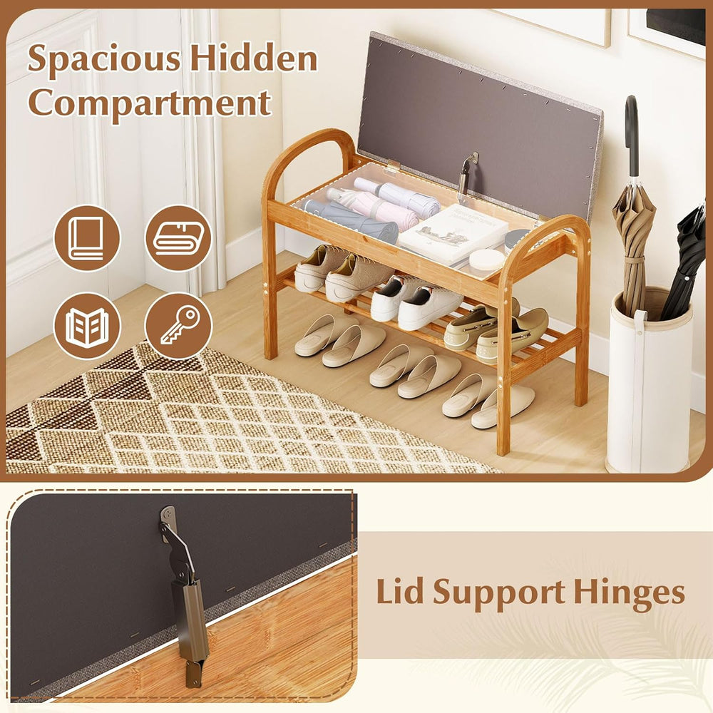 Giantex Shoe Bench with Flip-Top Storage, Bamboo 2-Tier Entryway Bench with P...