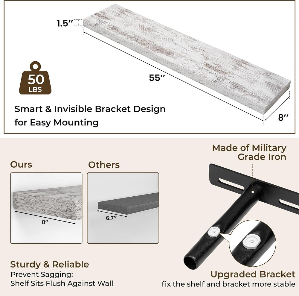 RICHFOCUS Long Floating Shelves for Wall 2Pack|Rustic White|55" Lx8 D