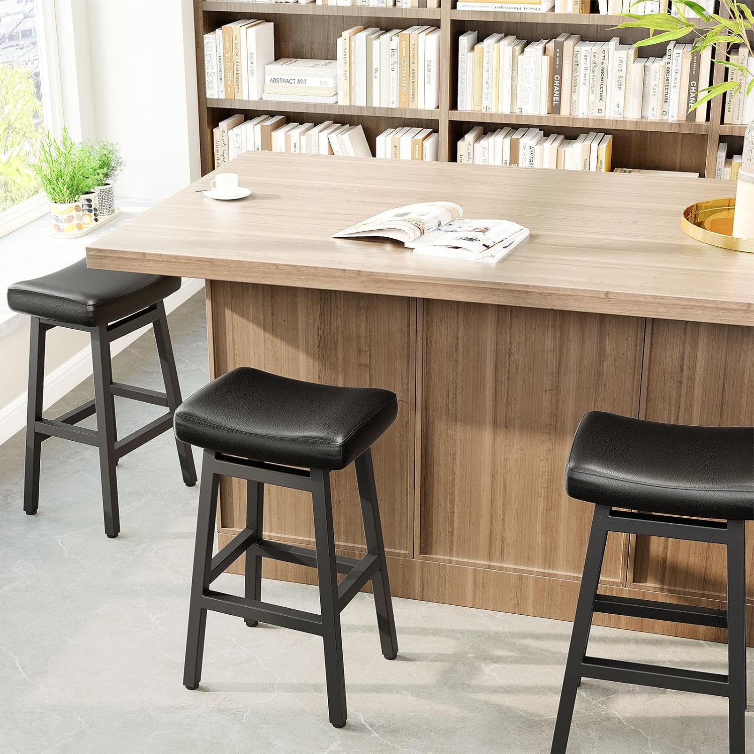 Raynesys 29 Inche Bonded Leather Counter Height Bar Stools Set of 2 Curved | Barstools with Curved Bonded Leather Seats & Heavy Duty Metal Legs for Kitchen Counter, Easy Assembly, Brown/Black