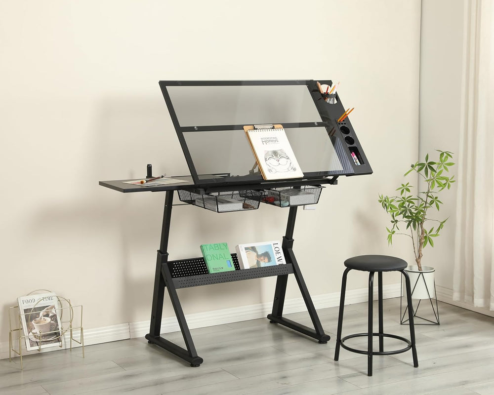 Hand Crank Lifting Drawing Table Black Tempered Glass Metal Workstation, 0-70...