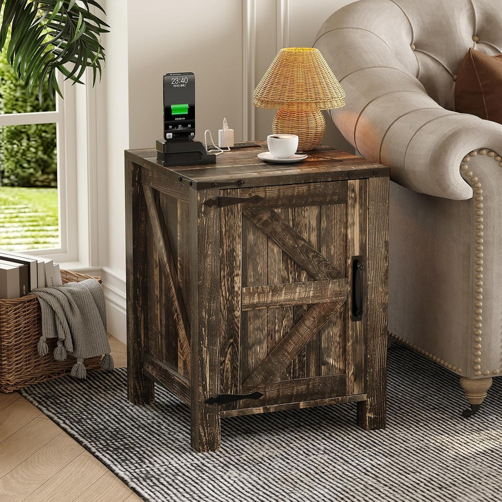Takywep 18 Inch Nightstand with Charging Station, Farmhouse Wooden Bedside Ta...