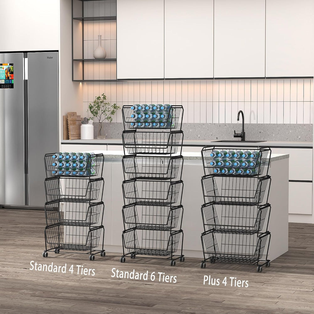 PUSDON 4-Tier Spacious Stackable Wire Storage Baskets with Wheels, Metal Roll...