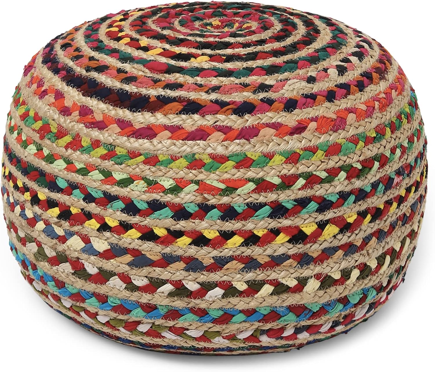 · REDEARTH · Braided Jute Cotton Pouf - Circular Boho Ottoman - Multi | Jute with Cotton Pouf, 19.5"x19.5"x14"; Braided Boho Pouffe, Doubles as Foot Rest for Living Room, Patio, Outdoor, Bedroom