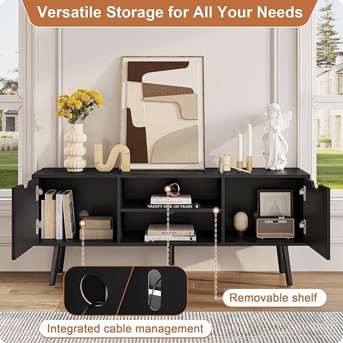 ALINE FURNITURE Black TV Stand for 50 55 60+ inch TVs - Media Console with 2 Cabinets & Open Shelves, Solid Wood Legs - TV Consoles for Living Room - 22" H Entertainment Center for Bedroom