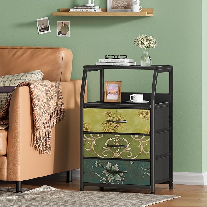 Furnulem Retro Night Stand with 3 Drawers and 2-Tier Shelf, Small Nightstand ...