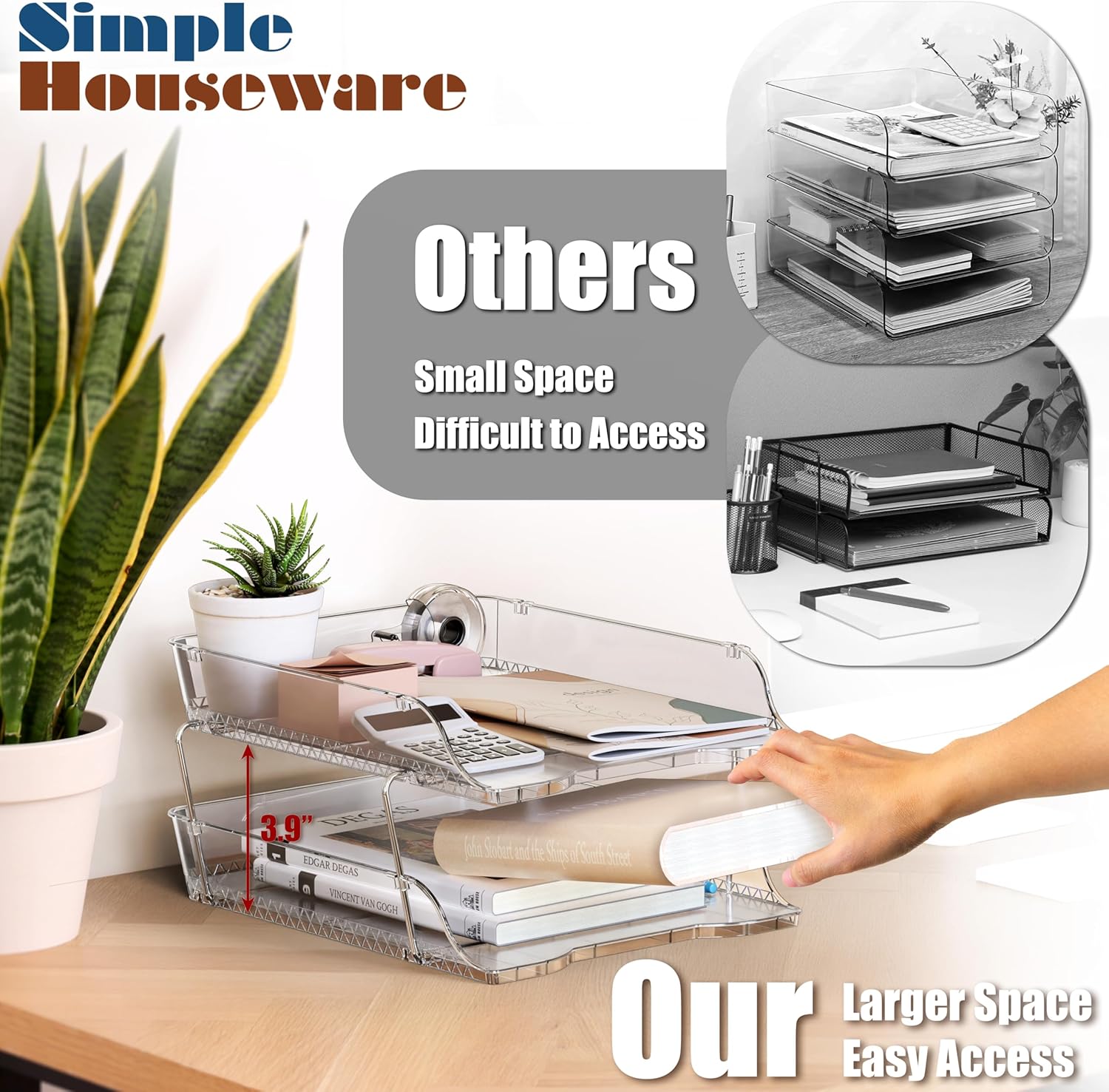 Simple Houseware 2-Tier Clear Stackable Letter Tray Organizer – Desktop File Holder for A4/Letter Size Paper, Document Sorter, Office Desk Paper Organizer, Transparent File Storage
