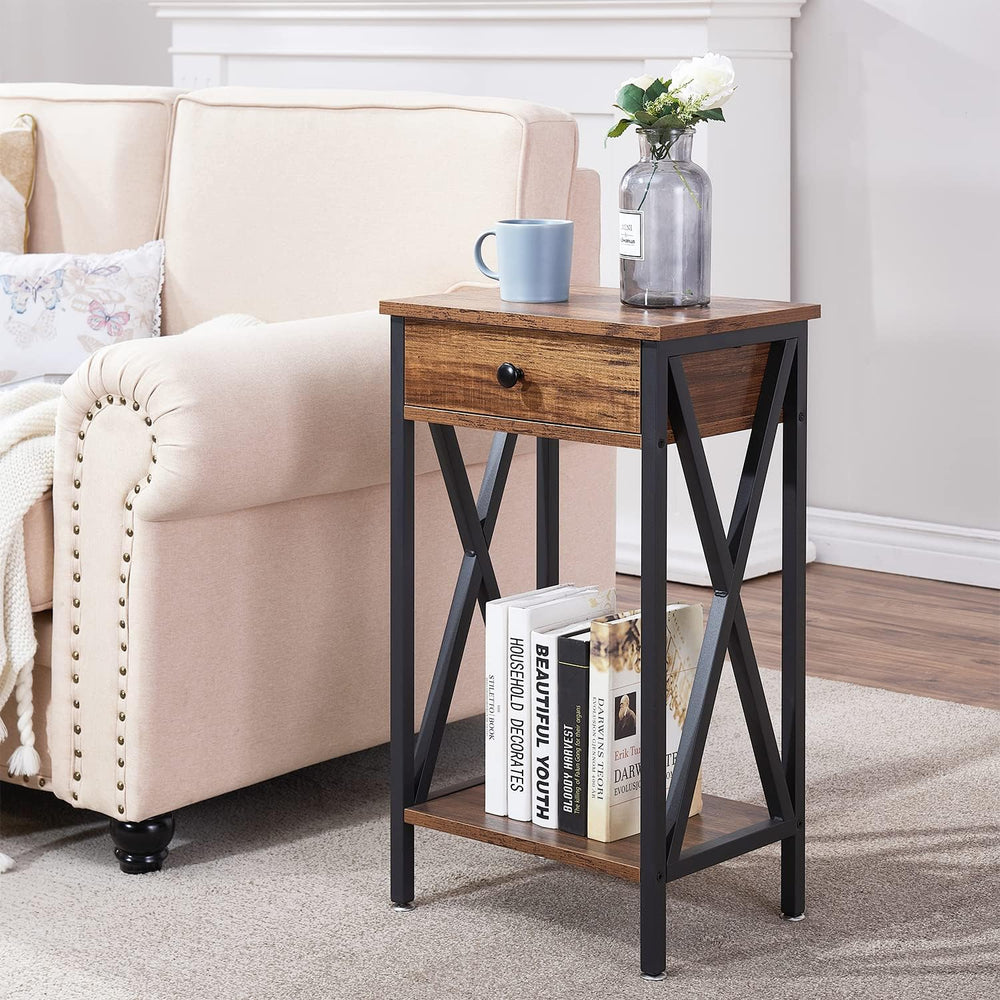 VECELO Tall Nightstand,27.6 inch Wooden End Table with Metal X-Frame,Side Tab...