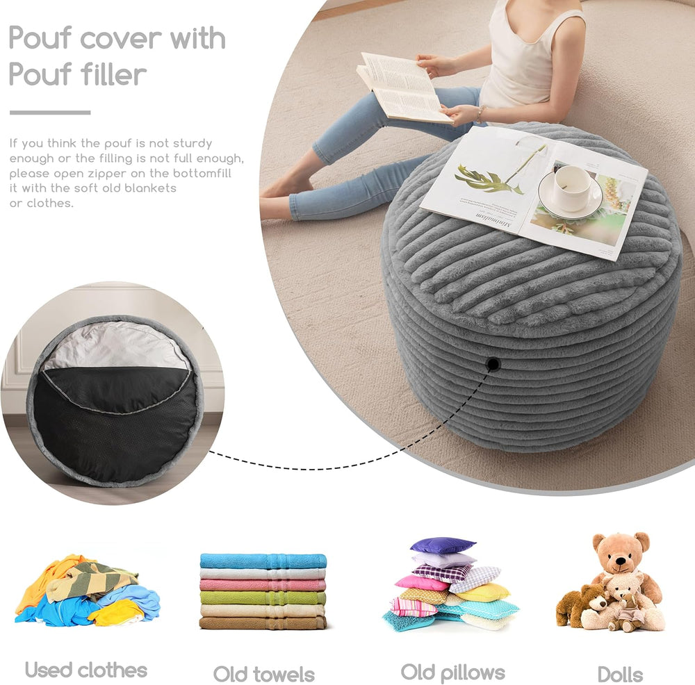 HIGOGOGO Round Stuffed Pouf Ottoman, Stripe Faux Fur Poufs with Foam Chunk Fi...