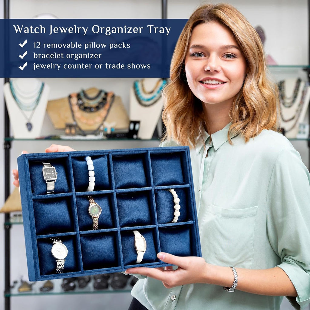 Henoyso 2 Pieces 12 Grid Velvet Watch Tray Jewelry Organizer Stackable Watch Bracelet Bangle Display Holder Adjustable Pillow(Blue)