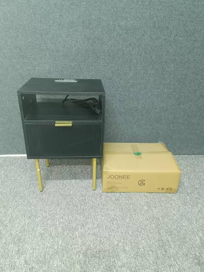 Modern Nightstand with Charging Station and LED Lights, Black Nightstand with...