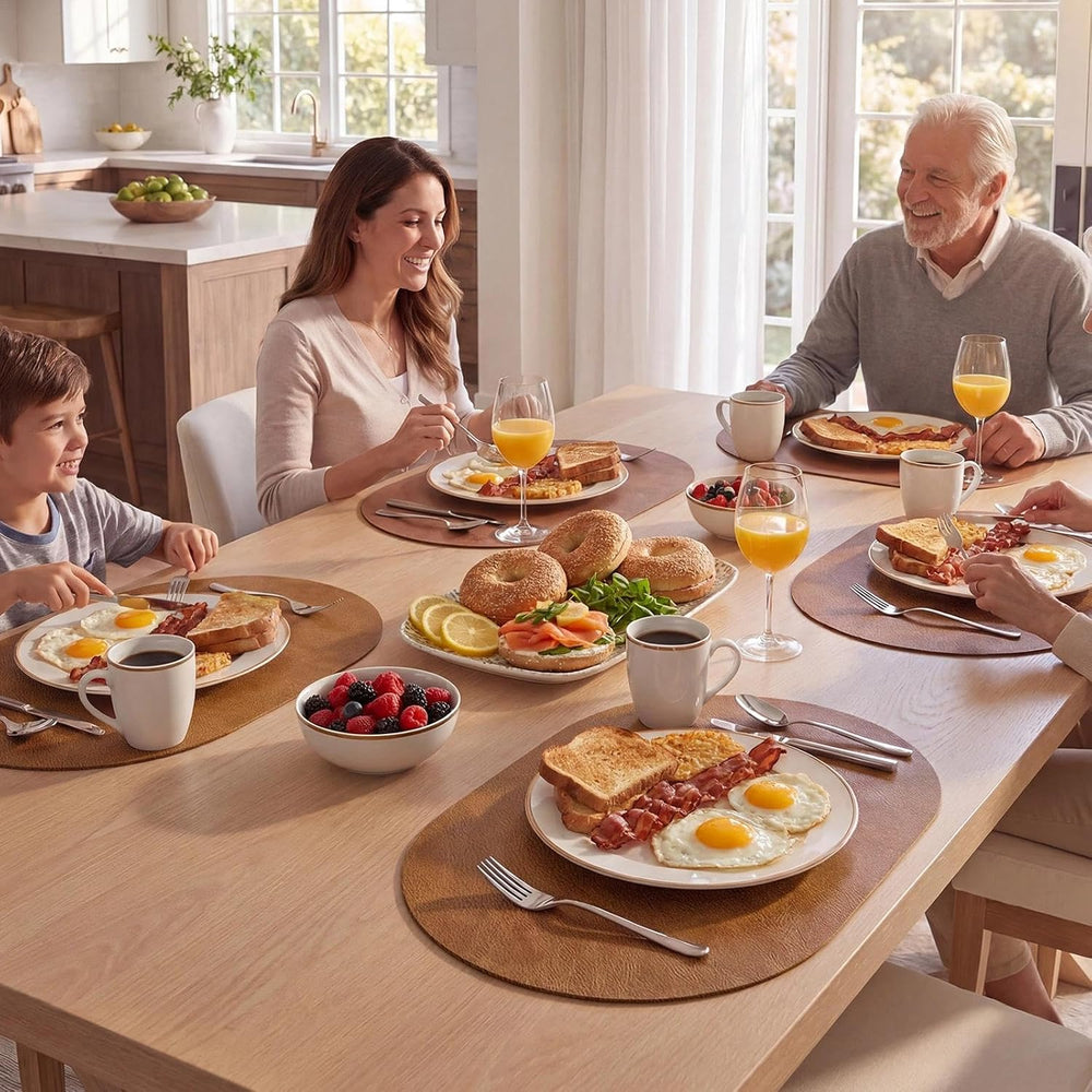 MOSAYT Vinyl Faux Leather Oval Placemats, Set of 8, Reddish Brown