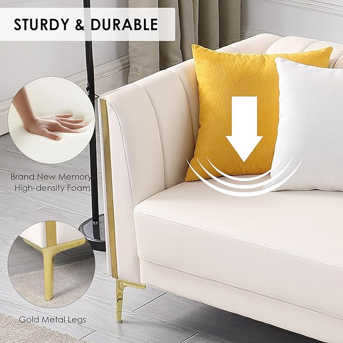 FOTOSOK White Leather Couch Sofa, Office Couches 78'' Apartment Faux Leather Sofa with 2 Throw Pillows & Gold Metal Legs, Waterproof 3 Seater Couches for Small Living Room, Luxury Cloud Sofa