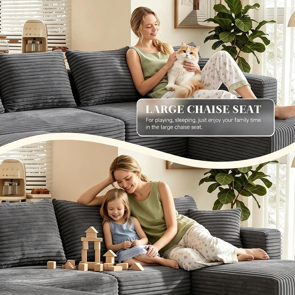 118 Inch U-Shaped Sectional Couch, Grey (Right Facing Chaise) | Corduroy Modu...