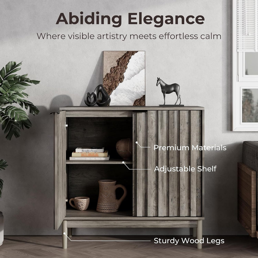 Fluted Buffet Cabinet with Storage, Small Accent Cabinet, Grey