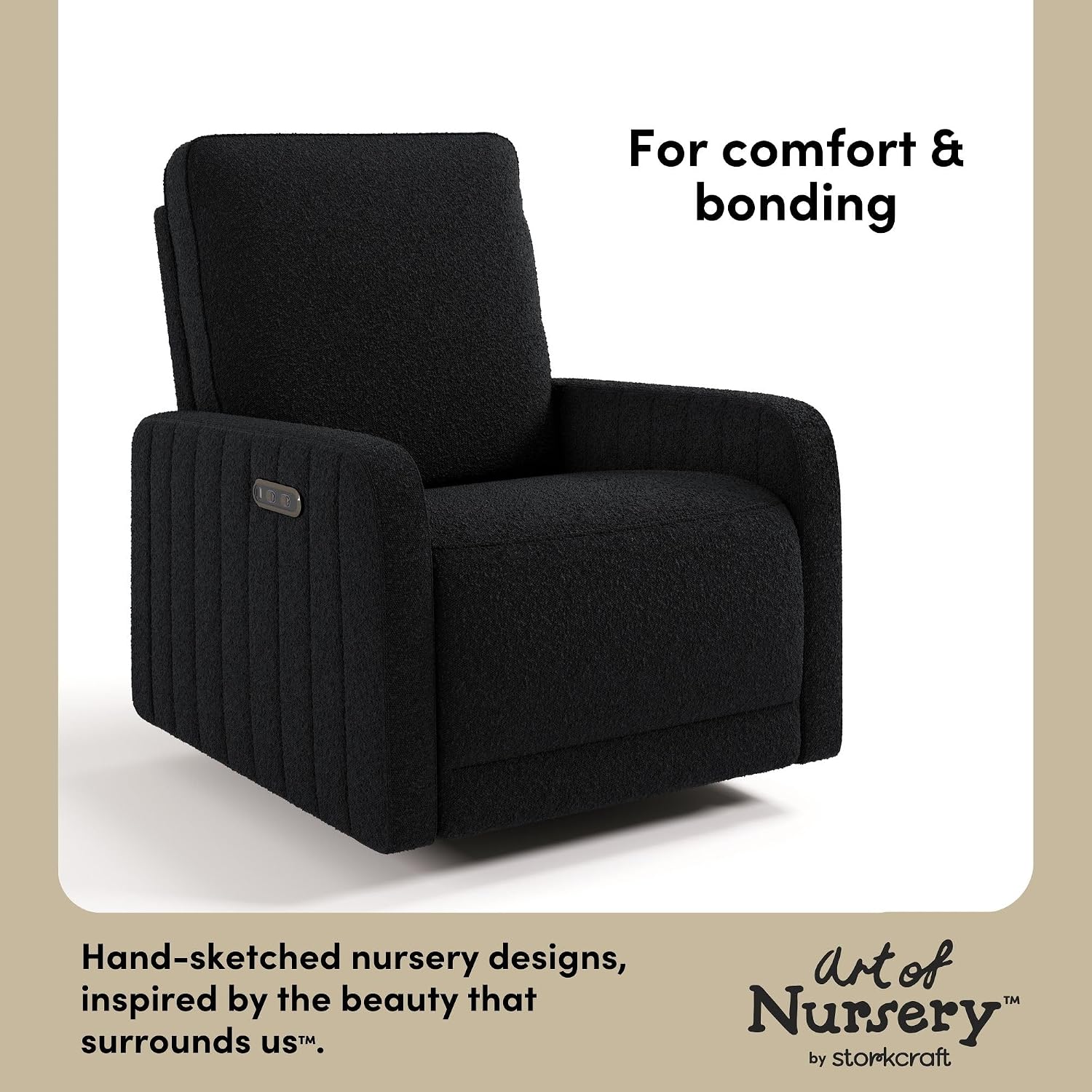 Storkcraft Kyoto Extra-Wide Power Recliner Swivel Glider, Black Boucle | Premium Electronic Nursery Wide Glider Rocking Chair, OEKO-TEX 100 Certified, Includes Dual-USB Charging Port