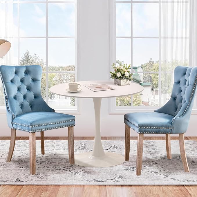 3-Pieces 31.5" Round Dining Table Set for 2, White Dining Table & 2 Velvet Upholstered Dining Chairs for Kitchen Dining Room Apartment Small Space(White Table & Sky Blue Chairs)