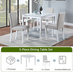 KEIKI 5-Piece Standard Height Dining Table Set with Square Table and 4 Upholstered Chair, for 4 Person, Modern Style Crystal Decoration Wood Table Set, Easy Assembly, for Kitchen, Dining Room, White