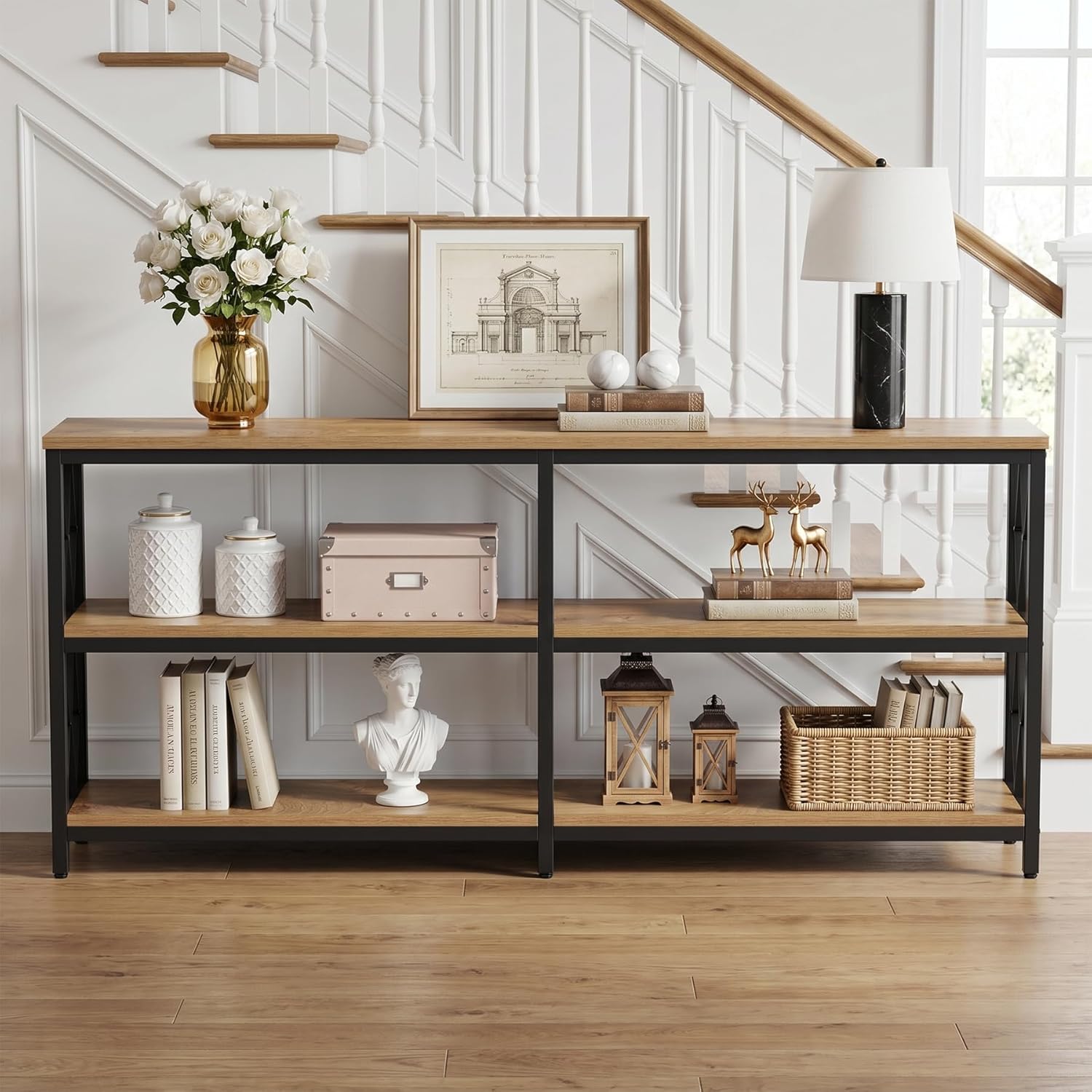 LITTLE TREE Console Table with Storage Shelves, 70.9" Industrial 3-Tier Sofa Table for Living Room, Long Foyer Table Entryway Table for Hallway, Front Door, Entrance, Natural Light Oak & Black