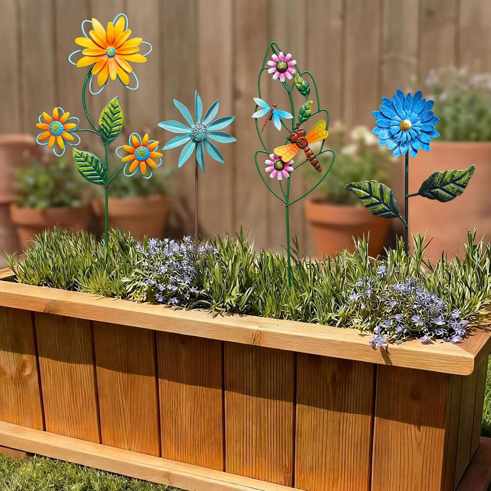 8 Pcs Metal Flower Yard Art 5d Garden Stakes 14 in Outdoor Decor