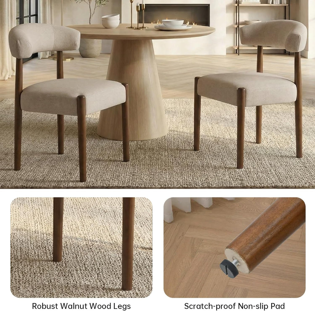 VKNOW Wooden Dining Chairs Set of 4, Modern Upholstered Dining Room Chairs with Walnut Wood Legs and Curved Backrest, Fabric Kitchen Chairs for Farmhouse/Living Room/Dining Room, Beige