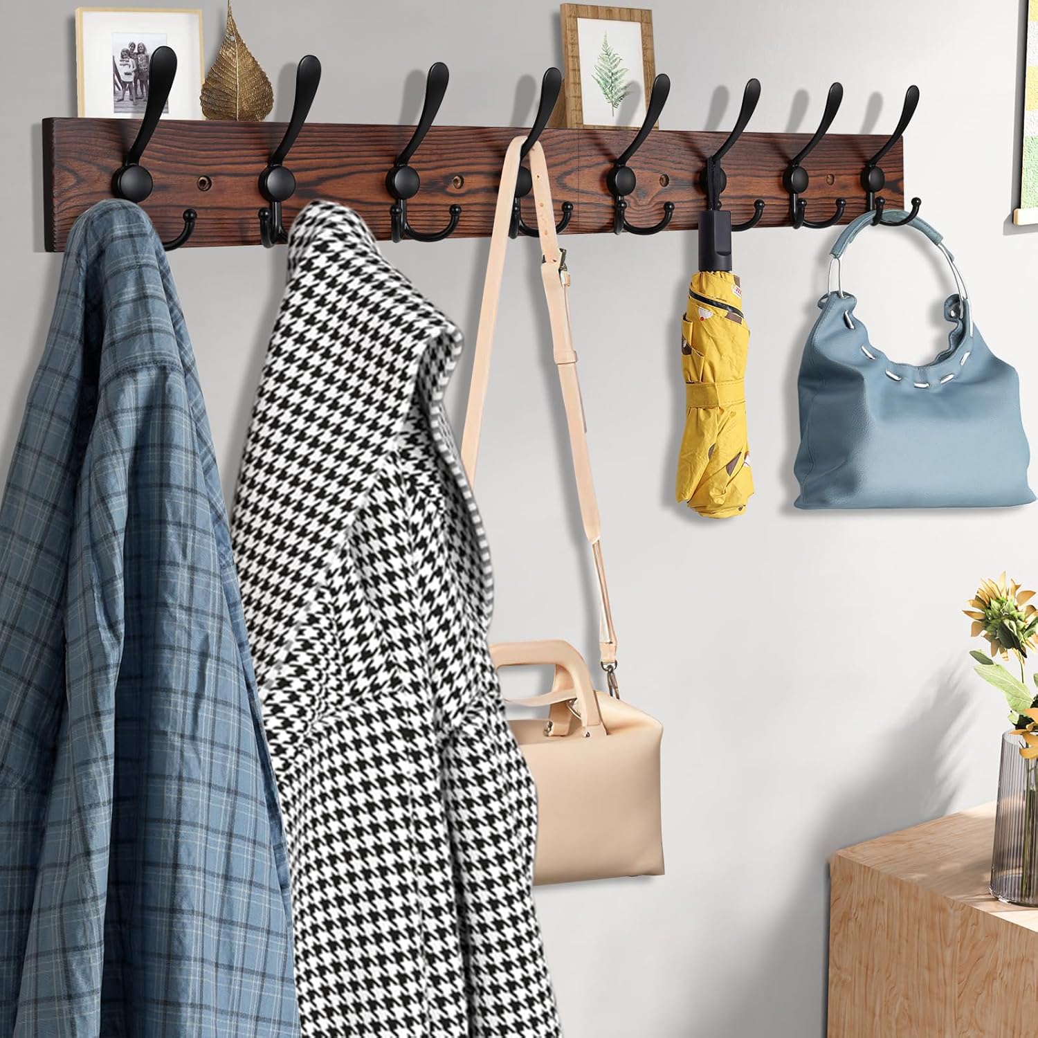 32.2'' Large Coat Rack Wall Mount Coat Hooks Coat Hanger with 8 Metal Black Triple- Hooks Brown Pine Real Wood Plank Hat Rack for Wall Hooks for Hanging Coat Hat Jacket