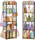 5-Tier Purse Organizer for Closet, Tall Purse Rack Stand for Purse Storage, Metal & Wood Handbag Organizer with 4 Side Hooks and 2 Baskets, Space-Saving Narrow Purse Shelf for Small Space, Bedroom