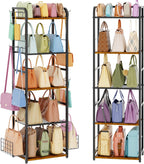 5-Tier Purse Organizer for Closet, Tall Purse Rack Stand for Purse Storage, Metal & Wood Handbag Organizer with 4 Side Hooks and 2 Baskets, Space-Saving Narrow Purse Shelf for Small Space, Bedroom