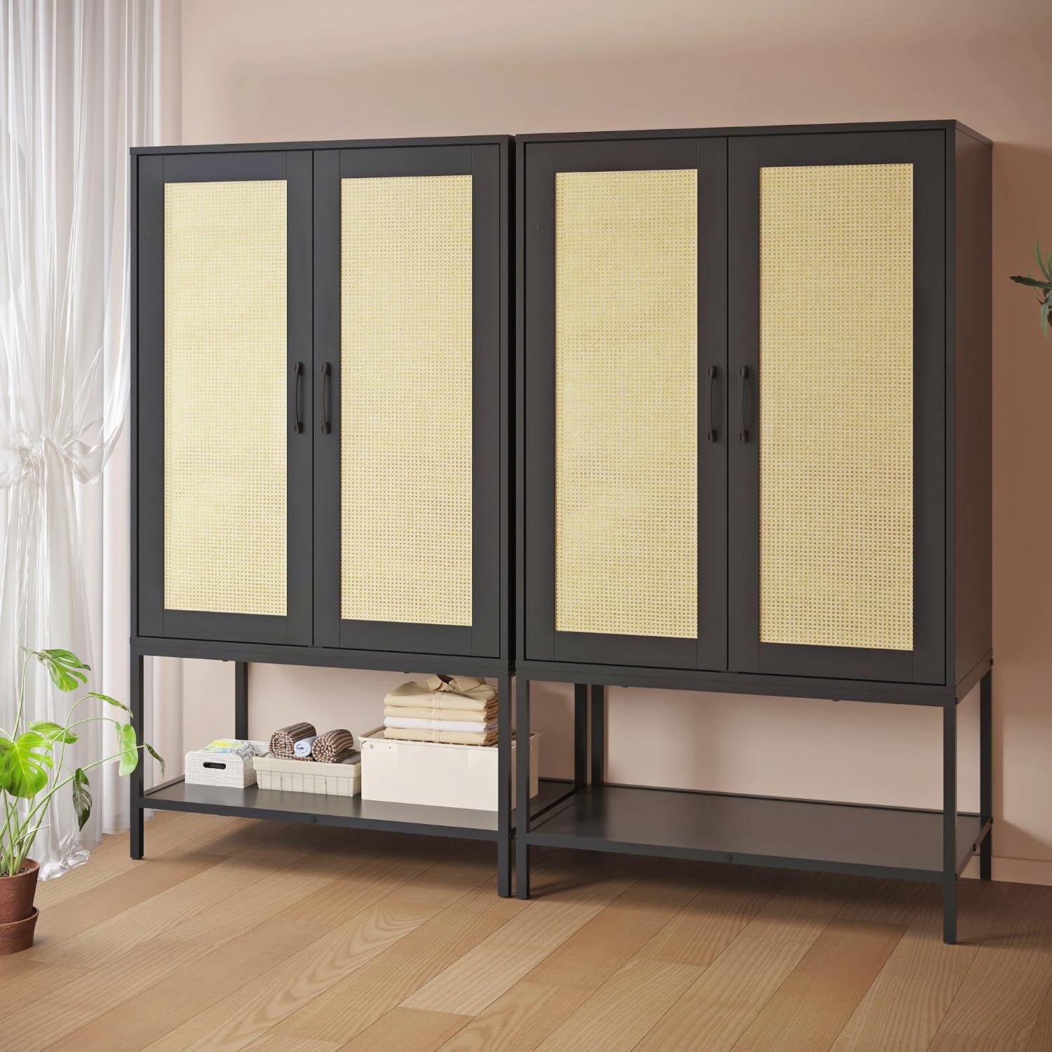 Wooden Wardrobe Closet, 2 Doors Rattan Almirah with Hanging Rail, Soft Hinge, Metal Leg and Bottom Storage Shelf, Practical Closet Organizer for Bedroom (Black)