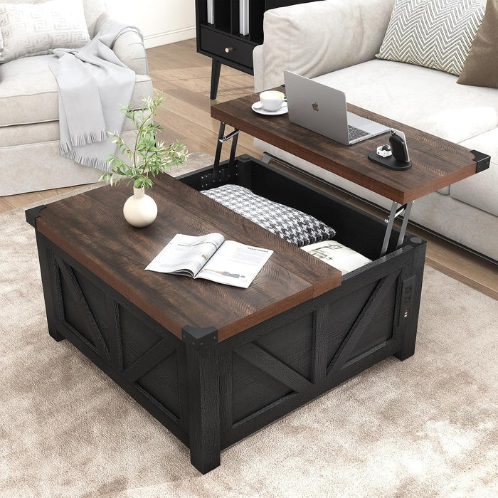 jimeimen 35.6" Farmhouse Lift Top Coffee Table with Storage, Square Coffee Tables for Living Room with Charging Station, Wood Storage Living Room Center Table w/Large Hidden Compartment, Black