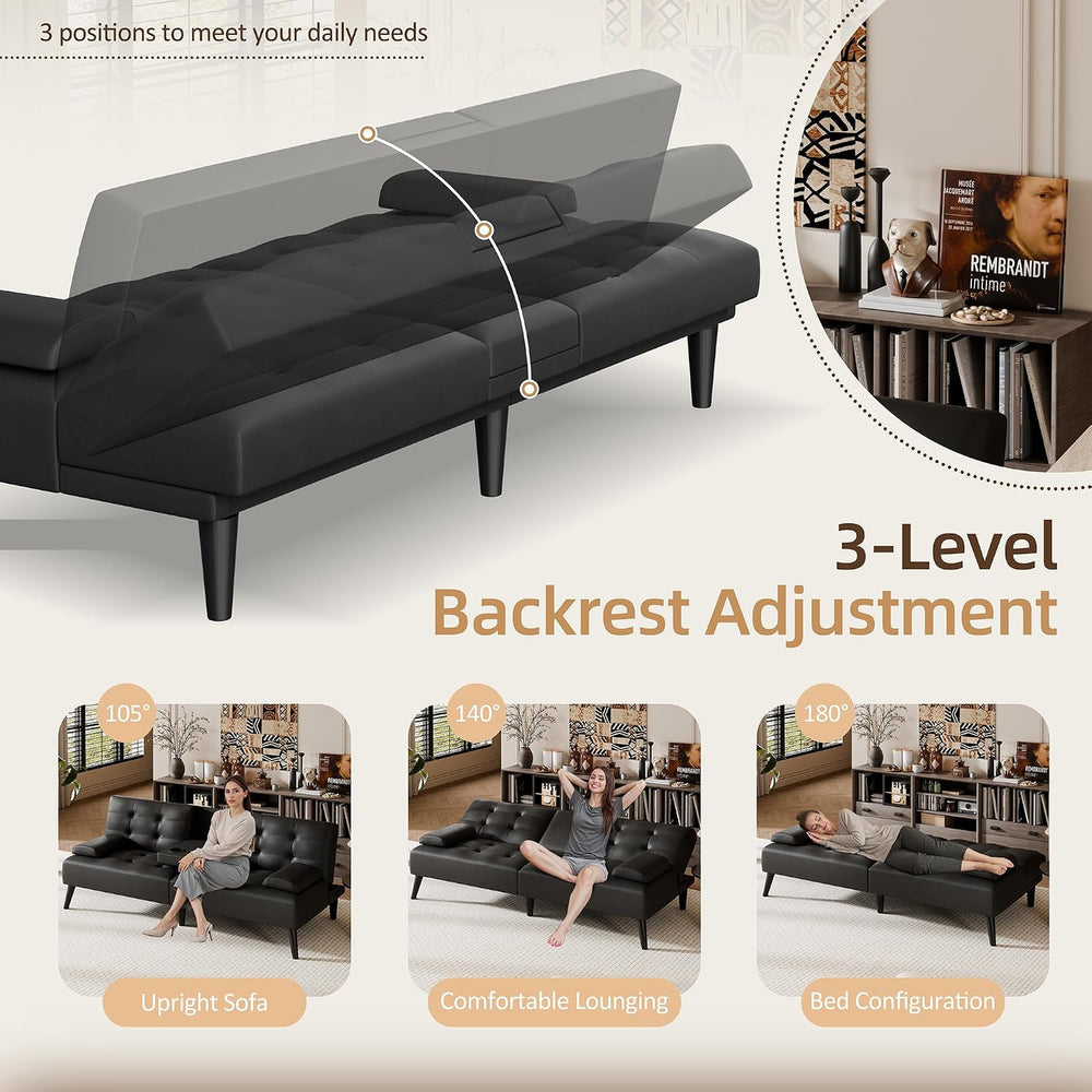 Shintenchi 64" Futon Sofa Bed, Leather Foldable Couch, Upholstered Loves...