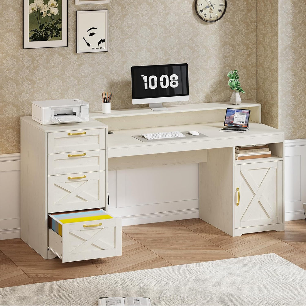 63" Farmhouse Computer Desk with 4 Drawers for Home Office, Bedroom