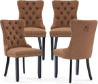 Linen Upholstered Dining Chairs Set of 4, Modern Style Kitchen Side Chairs with Nailhead Trim and Wood Leg, Metal Pulling Ring for Dining Room Living Room(Coffee,Set of 4)