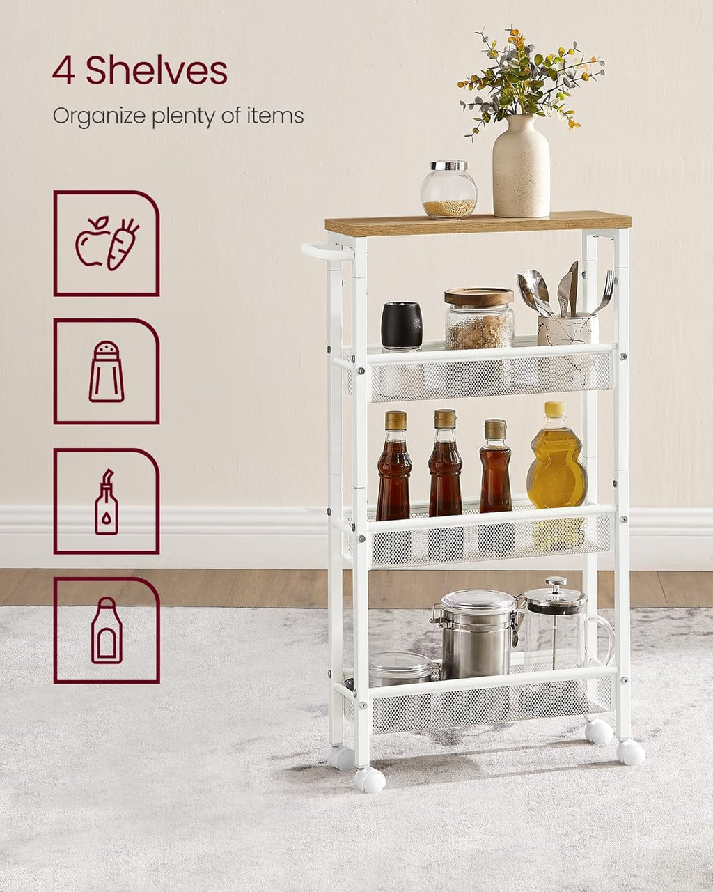 VASAGLE Slim Rolling Cart, 4-Tier Storage Cart, Narrow Cart with Handle, 5.1 Inches Deep, Metal Frame, for Kitchen, Dining Room, Living Room, Home Office, Oak Beige and Classic White ULRC032W09