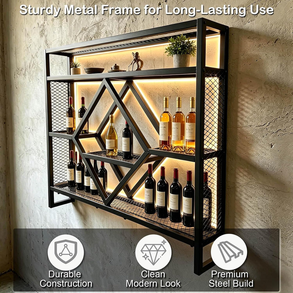 Wall Mounted Wine Rack with LED Light, 39.4in Industrial Metal Wine Bottle Di...