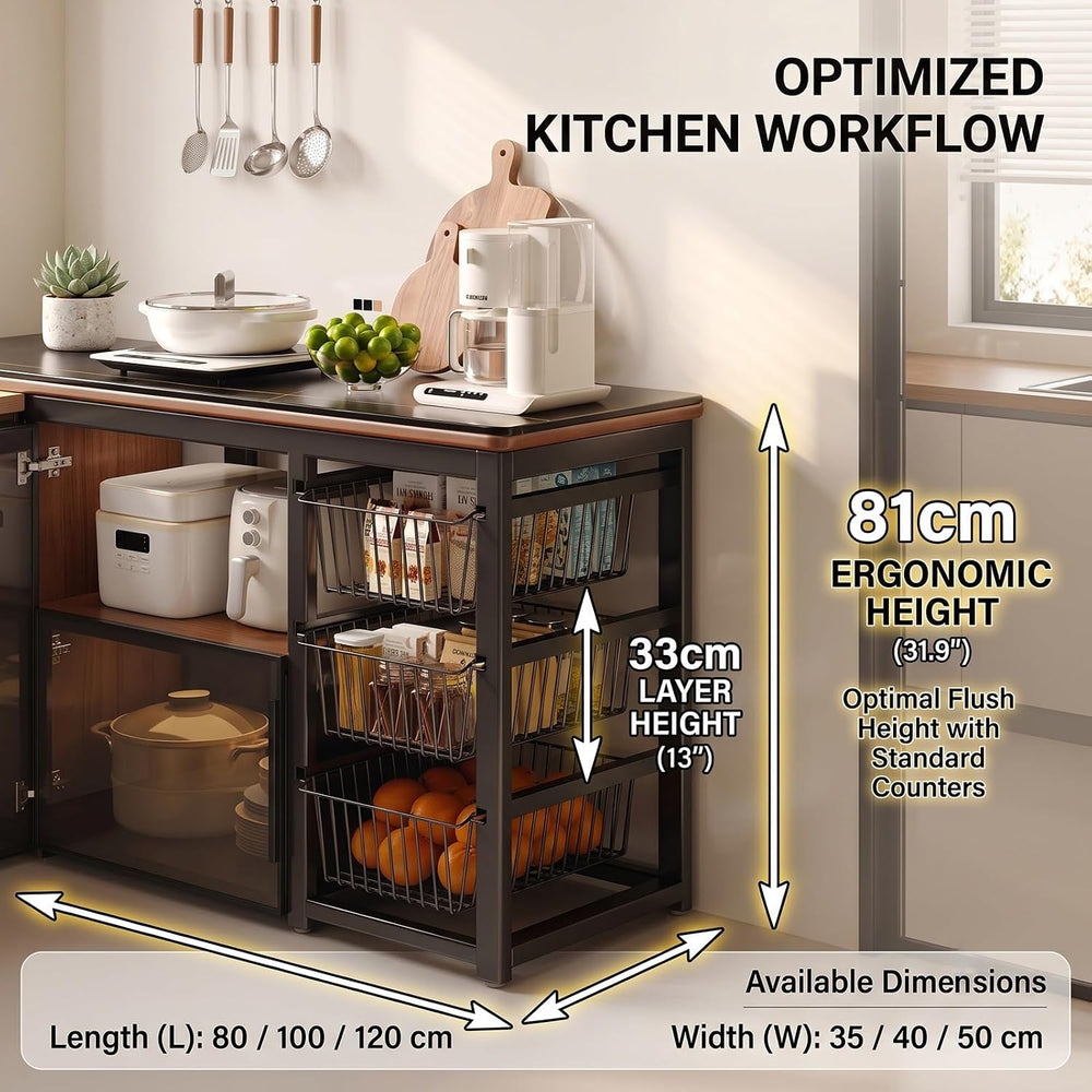 Sintered Stone Kitchen Island Table with Pull-Out Baskets, Heavy-Duty Steel F...