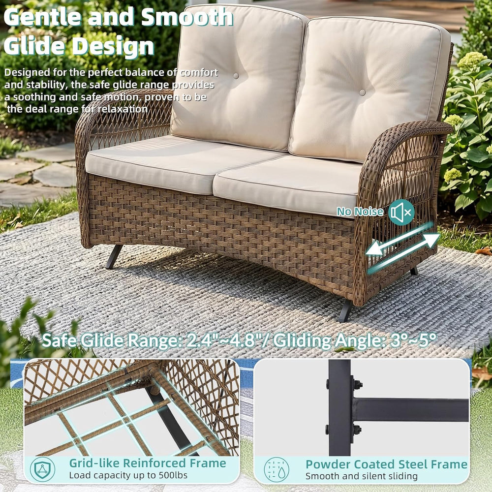 MEETWARM Outdoor Wicker Patio Glider Set, Loveseat for 2 Person Porch Furnitu...