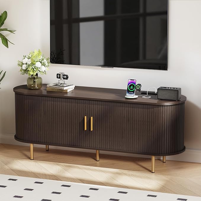 DHH 55 Inch Mid Century Modern TV Stand with Power Outlet for TVs up to 60 Inch, Entertainment Center with Storage and Adjustable Shelves, Media Console with Sliding Doors for Living Room(Brown)