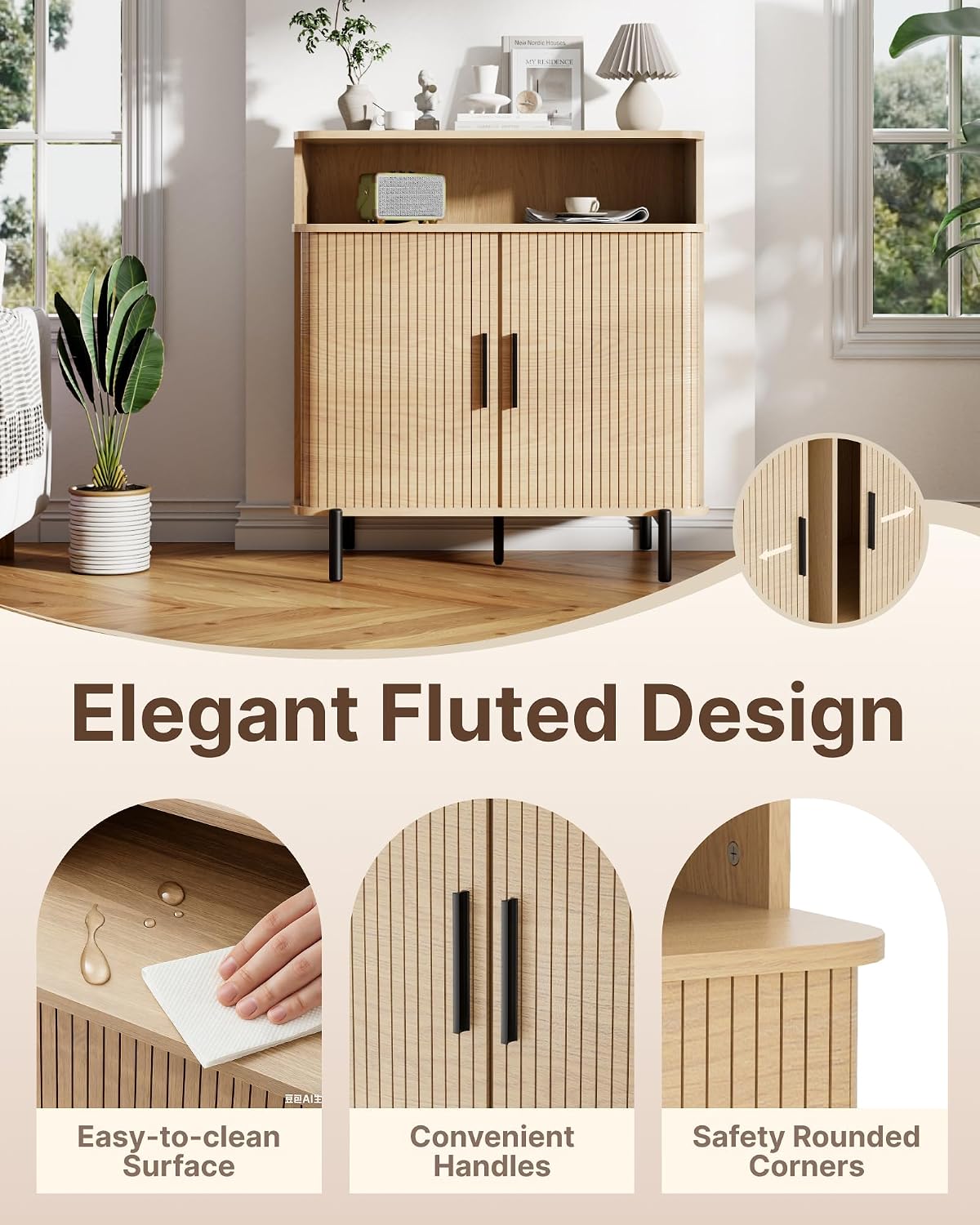 SUNCOZE Buffet Sideboard Cabinet with Big Storage Space Set of 2, Fluted Coffee Bar Cabinet with Shelves, Modern Wood Console Cabinet for Kitchen, Entryway & Living Room (Wood)