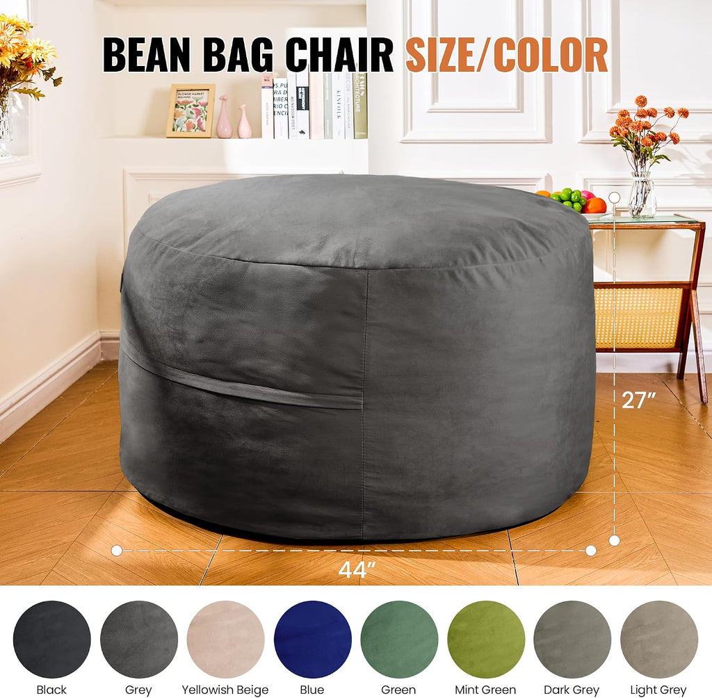 4FT Giant Bean Bag Chair for Adults and Teens - Large Bean Bag Sofa with Premium Velvet Cover & High-Density Support Foam - Fluffy Lounge Chair for Gaming, Bedroom, Dorm (Grey, Taller Version)