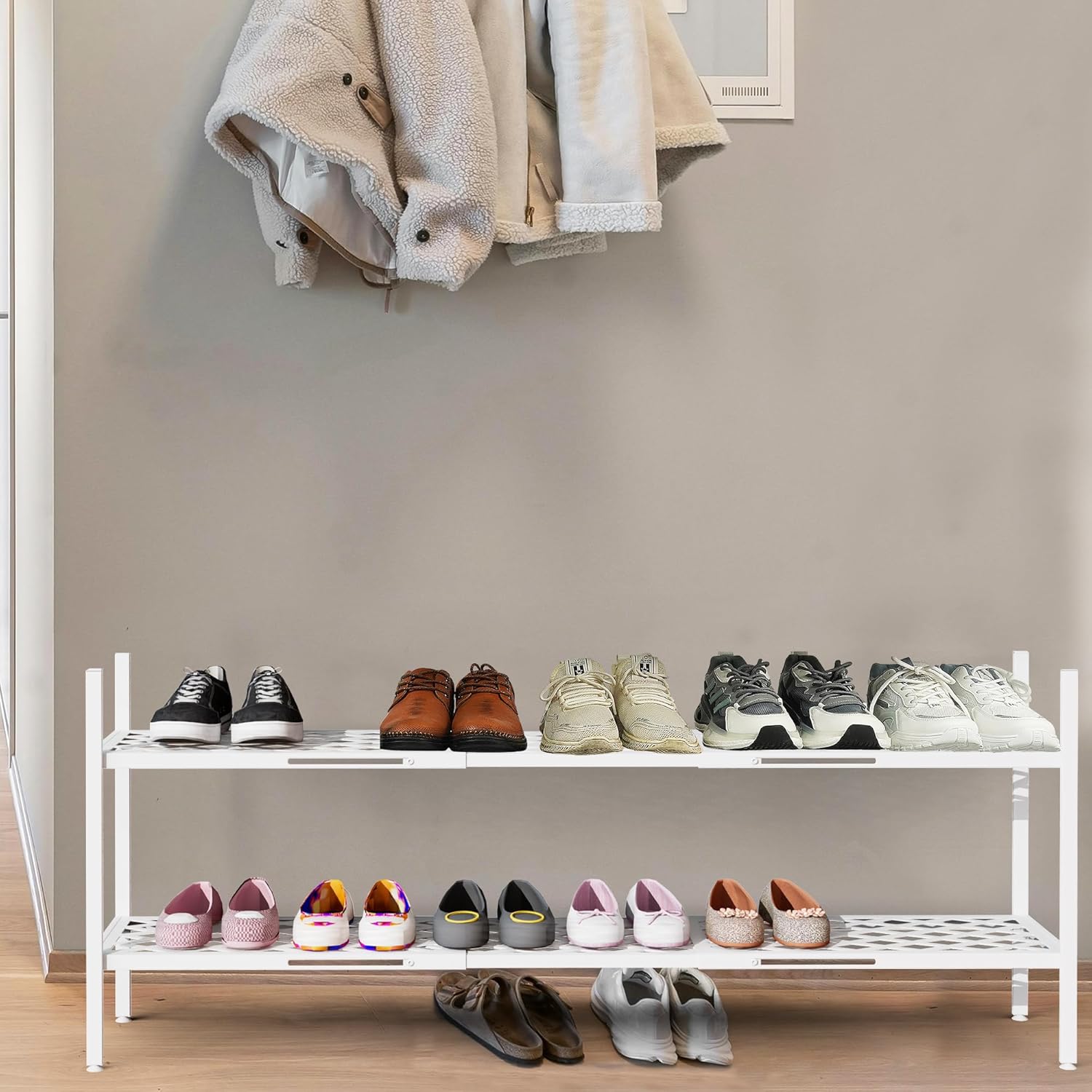 Shoe Rack, 45.6" Expandable Shoe Storage Organizer for Closet - Stackable | 2-Tier Metal Long Shoe Shelf with Sturdy Wire Grid Shoe Stand Holder for Entryway, Garage, Bedroom, Door Entrance, White