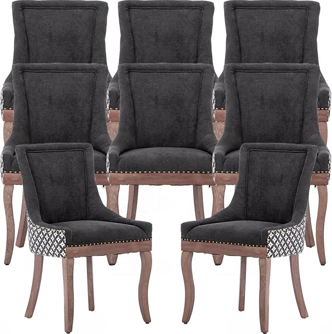 Dining Chairs Set of 8, Kitchen & Dining Room Chairs, Fabric Upholstered Dinning Chairs, Sillas De Comedor, Nailhead Trim, Wood Legs (Black, Pattern, 8 Pcs)