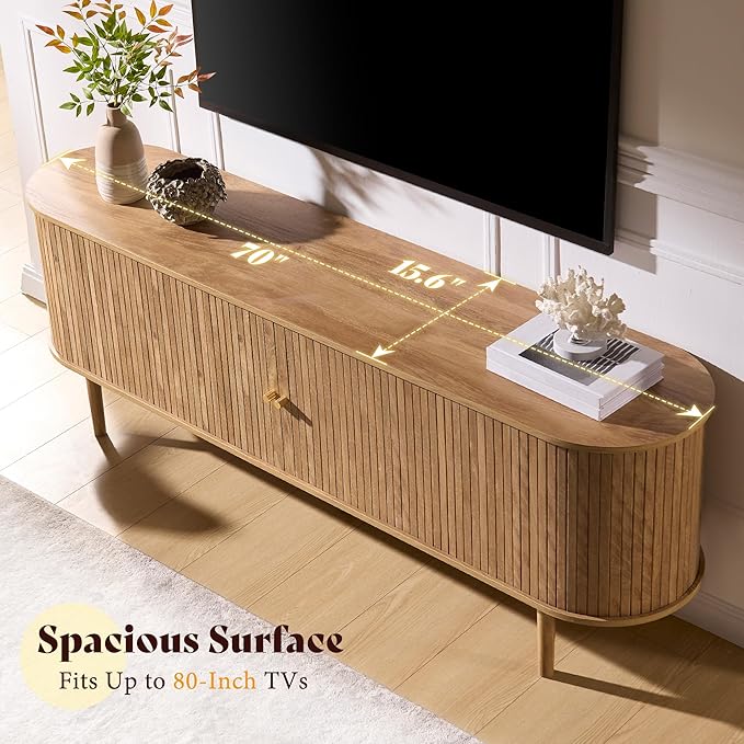 AMERLIFE 70" Mid-Century Modern TV Stand, TV Console Table for TVs up to 80 Inch, Fluted Wood Media Console with Storage, Solid Wood Legs, Natural Oak